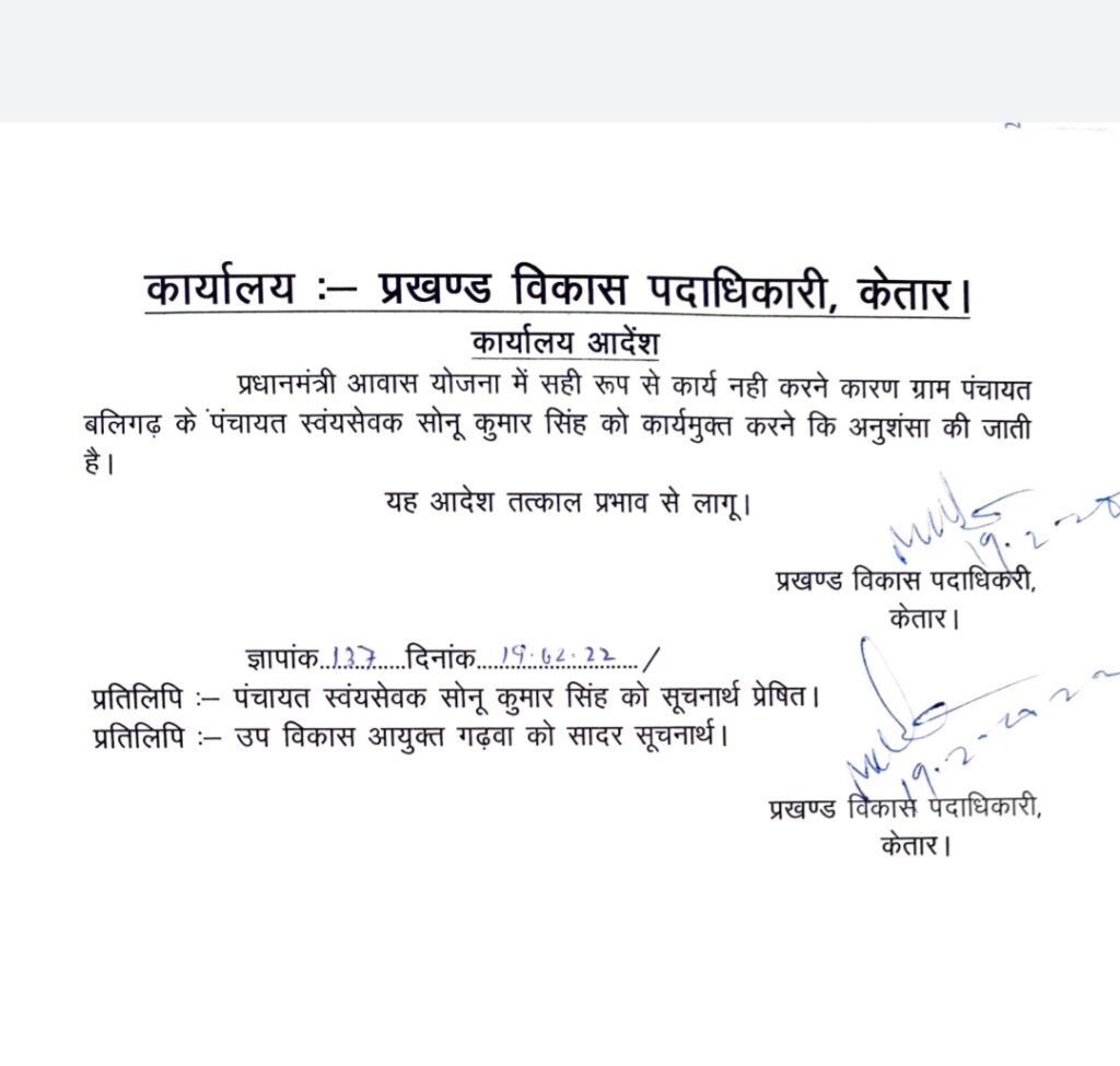 बीडीओ ने स्वयं सेवक को कार्य से किया मुक्त