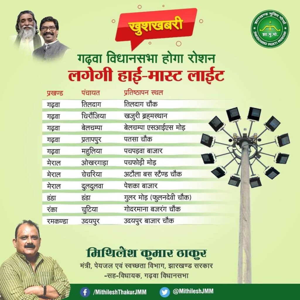 गढ़वा विधानसभा के सभी चौक चौराहे होंगे जग-मग। लगेगा हाई मास्ट लाईट।
